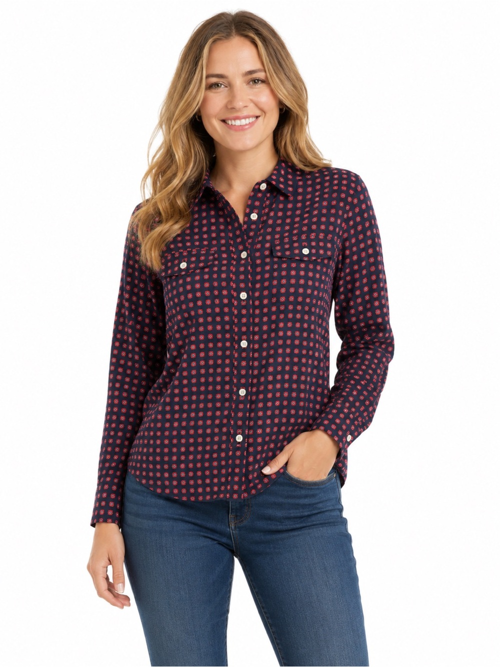 Classic Button-Front Navy Floral Print Shirt - 0800